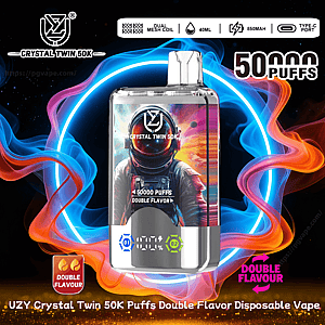 Glänzender rechteckiger Einweg-Vaporizer mit Astronauten-Motiv auf der Vorderseite, umgeben von wirbelndem blauem und orangefarbenem Neonrauch und mit der Aufschrift „Crystal Twin 50K“ und 50.000 Zügen, mit Symbolen für Dual-Mesh-Spule, 40 ml Kapazität, 850-mAh-Akku, Typ-C-Aufladung und Hinweisen zu zwei Geschmacksrichtungen.