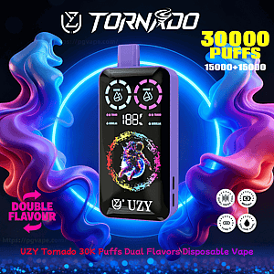 Purple UZY Tornado disposable vape device with a colorful digital screen centered against neon blue circular light and swirling pink-purple vapor, with bold text advertising 30,000 puffs and double flavour.