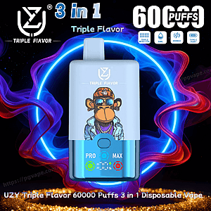 Light-blue disposable vape device labeled "Triple Flavor" featuring a cartoon monkey in sunglasses and jewelry, with PRO and MAX indicator icons on the front, set against neon blue and red smoke rings and large "60,000 puffs" text.