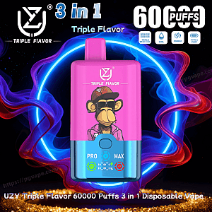Dispositivo vape descartável UZY 'Triple Flavor' rosa e azul brilhante com um macaco de desenho animado usando óculos escuros na frente, rotulado '3 em 1' e '60.000 baforadas', contra um anel azul neon brilhante e fumaça vermelha-púrpura rodopiante.
