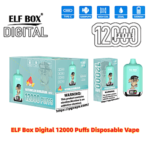 Turkos ELF BOX Digital engångsvape och förpackning med framstående '12000 PUFFS'-märke, vattenmelonbubbelsmak, en tecknad apa-grafik på enheten, en stor nikotinvarningsetikett och ikoner som visar Type-C, mesh-spole, 25 ml e-vätska och 500 mAh-batteri.