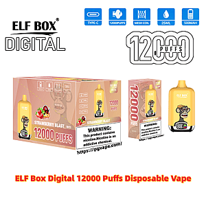 Produktdisplay för ELF BOX DIGITAL strawberry blast engångsvape som visar en gul kapselenhet med en tecknad apa-logotyp, individuella och flerpackslådor märkta 12000 puffar, ikoner för Type-C, 12000 puffar, mesh-spole, 25ml och 500mAh, och en framträdande nikotinvarningsetikett.
