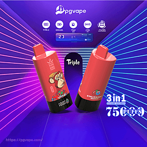 Due dispositivi di vaporizzazione usa e getta PGVape rossi con basi LED nere - uno con la grafica della scimmia 'Bang King' e l'altro con l'etichetta 'Strawberry Donut' - visualizzati su uno sfondo a strisce viola-blu al neon con badge del prodotto con la scritta Triple, 3 in 1, 75 puff e icone per Type-C, 650mAh e 15ml x3.