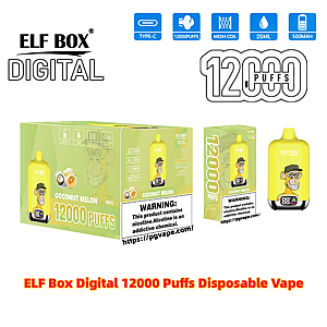 Yellow ELF BOX Digital disposable vape device and matching boxes in Coconut Melon flavor, featuring a cartoon monkey logo, prominent 