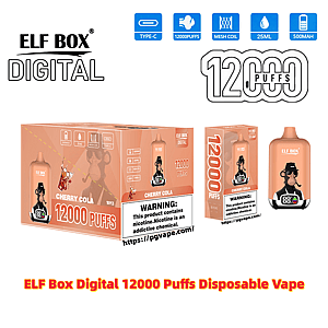 Pack shot of ELF BOX Digital Cherry Cola disposable vape showing a peach-colored device with a cartoon monkey logo next to its retail box and sleeve, prominent 