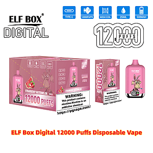 Pink ELF BOX Digital disposable vape and packaging labeled 12000 puffs for strawberry watermelon flavor, showing the pink device with cartoon rabbit artwork, product box and retail pack, icons for Type-C, mesh coil, 25ml and 500mAh, and a nicotine warning label.
