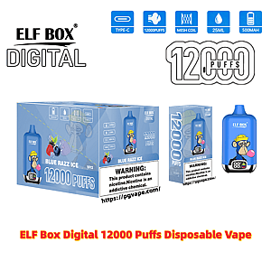 Blue ELF BOX Digital disposable vape and boxed packaging labeled '12000 Puffs' with a blue device featuring a cartoon monkey, 'Blue Razz Ice' flavor text, icons for Type‑C, mesh coil, 25ml and 500mAh, and a visible nicotine warning label.