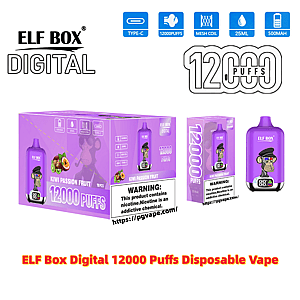 Purple ELF BOX Digital disposable vape and matching retail box labeled 'Kiwi Passion Fruit' with a cartoon ape graphic, prominent 12,000 PUFFS branding, icons for Type-C, mesh coil, 25ml and 500mAh, and a nicotine warning panel.