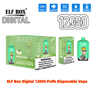 Green ELF BOX Digital disposable vape device and packaging labeled 'Double Apple' featuring a crowned monkey illustration, prominent '12000 puffs' branding and icons for Type‑C charging, mesh coil, 25 ml and 500 mAh specifications.