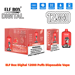 Red ELF BOX Digital disposable vape device and matching packaging showing a cartoon monkey and 'Watermelon Ice' flavor, large '12000 PUFFS' text, icons for Type‑C charging, mesh coil, 25ml e‑liquid and 500mAh battery, and a nicotine warning label on the box.