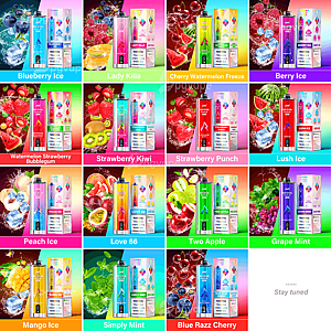 Colorful 4x4 grid of disposable vape devices and boxes showing fruit-themed flavor panels—Blueberry Ice, Lady Killa, Cherry Watermelon Freeze, Berry Ice, Watermelon Strawberry Bubblegum, Strawberry Kiwi, Strawberry Punch, Lush Ice, Peach Ice, Love 66, Two Apple, Grape Mint, Mango Ice, Simply Mint and Blue Razz Cherry—with vivid fruit and ice imagery and a final panel reading “Stay tuned”.