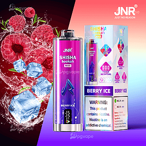 A metallic purple-pink JNR Shisha Hookah Max disposable vape device and matching box labeled “Berry Ice,” shown alongside raspberries and splashing ice cubes to illustrate the icy berry flavor, with the brand logo and nicotine warning visible on the packaging.