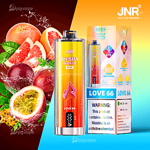 Bright cylindrical JNR “Shisha Hookah Max” disposable vape device labeled “Love 66” standing beside its colorful retail box with a nicotine warning, set against a split background of tropical fruits (passionfruit and grapefruit) and a yellow-to-blue gradient.
