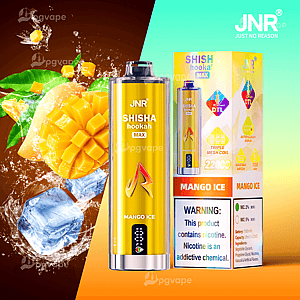 Close-up of a bright yellow JNR Shisha Hookah MAX disposable vape labeled Mango Ice, shown alongside its colorful packaging with mango slices and ice cubes in the background.