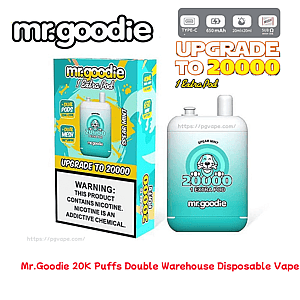Mint-green Mr.Goodie disposable vape and matching box pictured side-by-side, featuring bold 'Upgrade to 20000 1 Extra Pod' text, a smiling cartoon mascot, product icons (Type‑C, 650 mAh, 20ml+20ml, dual mesh), and a prominent nicotine warning label on the box.