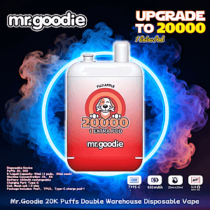 Red-to-white Mr. Goodie disposable vape device labeled 'Fuji Apple' with a smiling dog logo and large '20000 1 EXTRA POD' text, centered in a blue neon ring against swirling blue and purple smoke and promotional text reading 'mr.goodie' and 'Upgrade to 20000' around it.