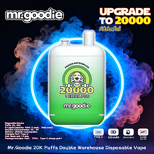 Promotional image featuring a green Mr. Goodie disposable vape device labeled "Frozen Watermelon 20000 1 Extra Pod" centered inside a glowing blue ring with red and purple smoke, brand logo at top left, bold "Upgrade to 20000" text at top right, and product features and icons displayed along the bottom.