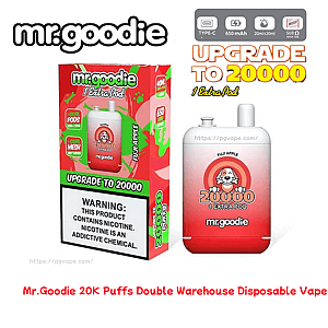 Mr. Goodie disposable vape and box in a red-to-white gradient branded 
