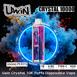A Uwin Crystal 10000 disposable vape with a purple-blue 'Grape Ice' design centered in a glowing blue ring against swirling blue smoke and gold and red splatters, with the Uwin logo and product details reading 10000 puffs, 18 ml, 0.8Ω mesh coil, Type-C port and RGB lights.