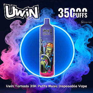 Uwin Tornado disposable vape device featuring a cartoon alien-brain and musical-note design centered in a glowing blue ring with swirling pink and blue vapor around it and bold Uwin logo and 35K Puffs text.