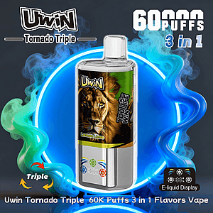 Shiny silver Uwin Tornado Triple vape device with a lion label reading 'Lemon Limo' centered against a glowing blue ring and swirling green and blue smoke, with text noting 60,000 puffs and 3 in 1.