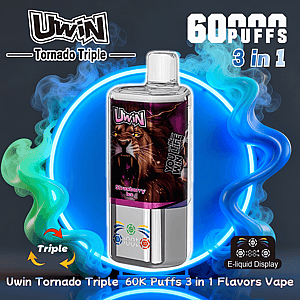 Silver rectangular Uwin Tornado Triple vape device with a roaring lion 'Strawberry Ice' label centered on a glowing blue circle surrounded by green and blue smoke, with text indicating 60,000 puffs, 3-in-1 flavors, and an e-liquid display icon.