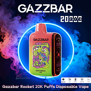 A brightly colored GAZZBAR 'Juicy Peach Ice' Rocket disposable vape device illustrated with psychedelic multi-eyed monster art, centered inside a glowing blue neon ring against swirling pink and blue vapor, with the GAZZBAR logo and '20,000 puffs' text above.