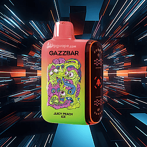 Bright pink-to-green disposable vape device labeled GAZZBAR and JUICY PEACH ICE with a colorful, multi-eyed psychedelic monster illustration, set against a dynamic neon streaked futuristic background.
