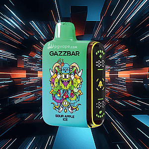 Bright turquoise-green Gazzbar disposable vape with a colorful grotesque monster illustration and 'Sour Apple Ice' label, shown floating against a streaked futuristic light-speed background.