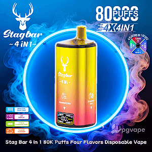 Golden gradient Stagbar 4-in-1 disposable vape device with a white deer-head logo centered inside a neon blue ring, labeled 80,000 puffs and showing an LED battery display, flavor icons for Strawberry Ice and Strawberry Kiwi, and promotional text about four flavors in one against a smoky colorful background
