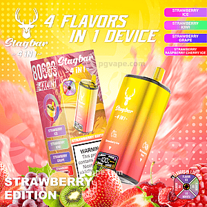 Colorful advertisement for a Stagbar 4-in-1 Strawberry Edition disposable vape showing a yellow-to-pink device and its box, flavor list (Strawberry Ice, Strawberry Kiwi, Strawberry Grape, Strawberry Raspberry Cherry Ice), an 8000-puffs callout, and strawberries, kiwi and cherries on a bright yellow-pink background.