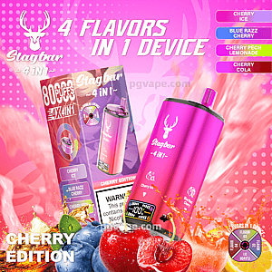 Bright pink promotional image for Stagbar Cherry Edition showing a metallic pink vape device with white deer logo next to its product box and a flavor wheel, a sidebar listing four flavors (Cherry Ice, Blue Razz Cherry, Cherry Peach Lemonade, Cherry Cola), splashing cherries, berries and citrus, and the large headline “4 Flavors in 1 Device.”