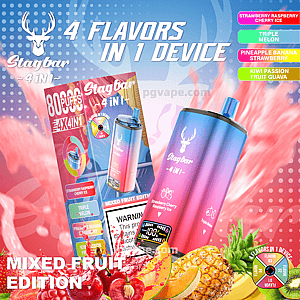 Bright promotional image of a pink-to-blue Stagbar '4 in 1' disposable vape and its packaging, featuring bold '4 flavors in 1 device' and '8000 puffs' text, labeled flavor chips, and mixed fruit imagery including pineapple, melon, cherries and kiwi.