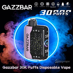 Gazzbar disposable vape device with a pink side and black starry front panel shown inside a glowing blue ring against swirling blue and orange vapor, with large text reading 30,000 Puffs and small feature icons across the top.