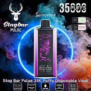 Purple Stagbar Pulse disposable vape device with a stylized dragon graphic and digital display centered against swirling blue and orange vapor and a neon ring, with a deer logo and 'Stagbar Pulse' at top left, '35,000 puffs' at top right, and product feature icons along the bottom.