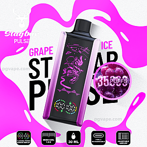 Purple-and-black Stagbar Pulse grape-flavored vape device with neon purple astronaut graphic, circular inset of grapes labeled “35 PUFFS,” and icons showing 30 mL capacity, 1.0 Ω mesh coil, Type-C rechargeability, and a color power-screen display.
