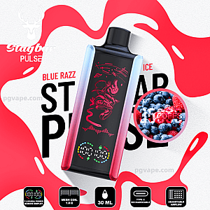 A rectangular rechargeable vape device with red-to-blue gradient side panels and a black front screen showing a stylized character graphic and digital indicators, set against a red splash background labeled
