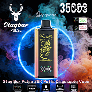 Stag Bar Pulse disposable vape advertisement featuring a central metallic rectangular device with a black screen displaying a yellow astronaut graphic and digital indicators, set inside a neon blue ring amid swirling blue and orange smoke, with text claiming 35,000 puffs and icons for intelligent power indicator, digital oil indicator, 30 mL capacity, mesh coil and Type-C charging.
