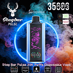 Centered Stagbar Pulse disposable vape device with a glowing blue neon ring and swirling blue, purple, and orange smoke background, featuring a digital display, deer logo and prominent “35,000 puffs” text with small feature icons.