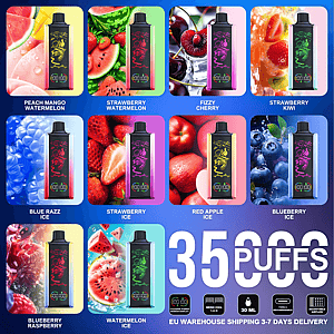 Promotional collage of twelve colorful disposable vape devices set against fruit backgrounds and labeled with flavor names, centered around a large