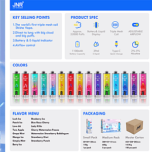 Promotional poster for JNR SHISHA hookah MAX disposable vape showing two large blue and pink devices labeled Approx. 22,000 puffs, with panels listing key selling points (triple mesh coil, direct‑to‑lung big clouds, battery and e‑liquid indicator, airflow control), product specs (1100mAh battery, 29ml e‑liquid, Type‑C charging, 2–5% nicotine), a lineup of many colorful device options, a 15+ flavor menu, and small/medium/master packaging images.