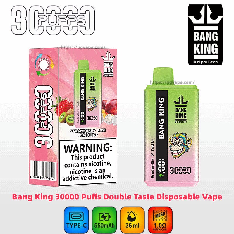Pink-and-green Bang King 30000-puffs disposable vape and matching box showing Strawberry Kiwi Peach Ice flavor, a prominent nicotine warning, the Bang King logo with a cartoon monkey, and icons for Type-C charging, 550mAh, 36ml capacity and 1.0Ω mesh coil.