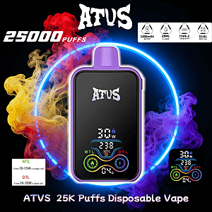 Purple-edged ATUS disposable vape device centered inside a glowing neon ring with swirling red, yellow and purple vapor, advertising 25,000 puffs and showing a digital display plus icons for 1000 mAh battery, 28 ml e-liquid, Type‑C charging and dual mesh coil.