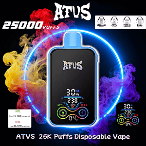 Front-facing ATUS disposable vape with a black rectangular body and blue mouthpiece shown against colorful swirling smoke and a neon ring, displaying a digital screen and prominent text '25000 puffs' plus small icons for 1000mAh battery, 28ml e-liquid, Type-C charging and dual mesh coil.