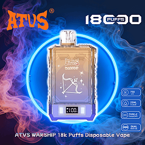 Front-facing translucent ATVS Warship disposable vape with a stylized archer graphic and digital display centered inside a blue neon ring against purple-orange smoke, brand logo top-left, '18k puffs' label top-right and product specs (750 mAh, 25 ml e-liquid, Type-C charging, dual mesh coil) listed at right.