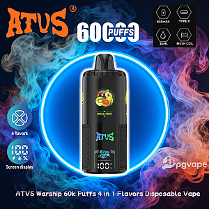 Black ATVS Warship disposable vape labeled 'Mixed Fruit' centered in a neon blue ring with swirling red and blue smoke, prominent '60K PUFFS' branding and small icons showing 650mAh battery, Type‑C charging, 36ml capacity, mesh coil and four flavors.
