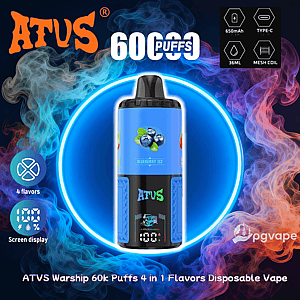 Bright advertisement showing a blue ATVS disposable vape labeled 'Blueberry Ice' centered in a neon ring with colorful smoke, large '60000 PUFFS' text above and icons indicating 650mAh, Type‑C, 36ml, mesh coil, four flavors, and a screen display.