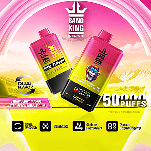 Two pink-to-yellow gradient Bang King disposable vape devices with a cartoon monkey logo and a Dual Flavor label (strawberry mango and watermelon bubble gum) floating over a bright pink-and-yellow landscape with feature icons and promotional text indicating puff count.