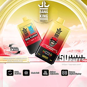 Two gradient yellow-to-red Bang King disposable vape devices featuring a crown logo and skull graphic, labeled Dual Flavor (Strawberry Watermelon / Black Dragon Ice) with a digital puff-count display and feature icons set against a stylized yellow-and-pink landscape