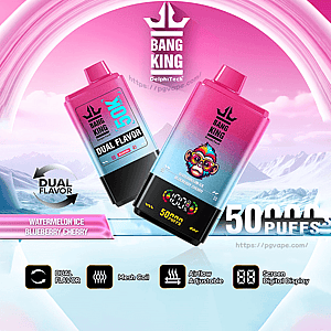 Two pink-to-blue gradient Bang King disposable vape devices floating over icy mountains beneath a crown logo, one featuring a colorful monkey graphic and a digital '50,000 puffs' readout, labeled 'Dual Flavor' with flavors Watermelon Ice and Blueberry Cherry and icons for mesh coil, adjustable airflow and digital display.